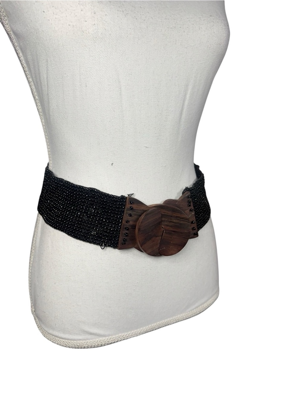 Wide Black Beaded Waist Belt with Wooden Buckle